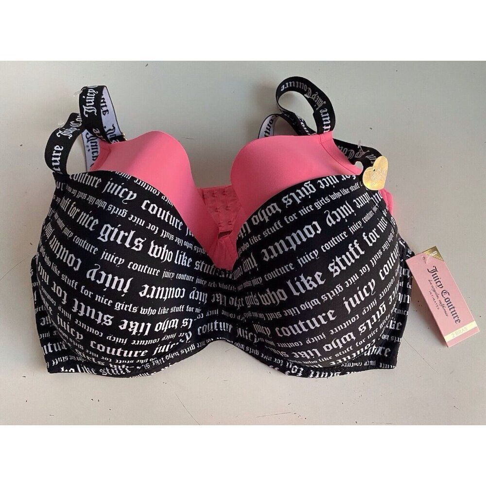 2 Pack Juicy Couture Sexy Push Up Bra JC8412 Wordplay Logo Black Pink Sz 40D NEW